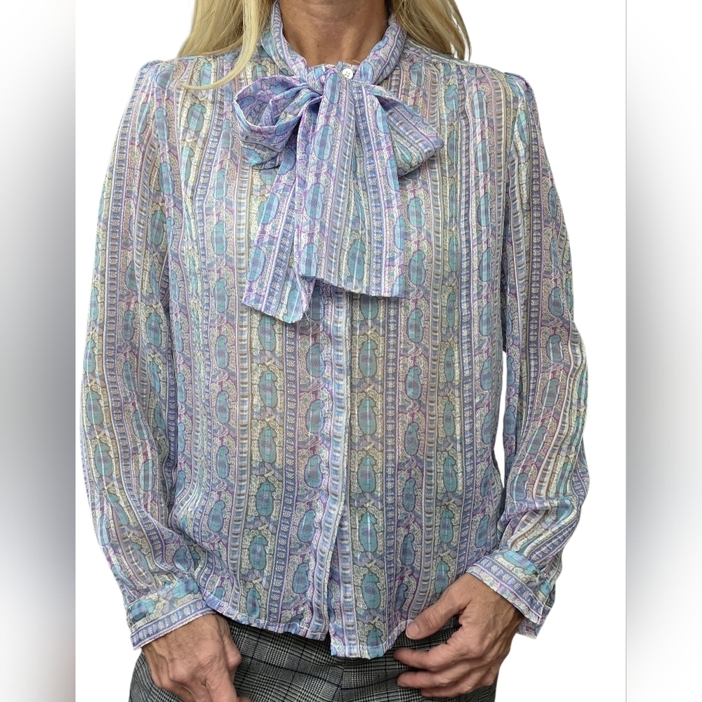 Vintage 80s La Chine Classic Pastel Paisley Bow Tie Secretary Blouse 8